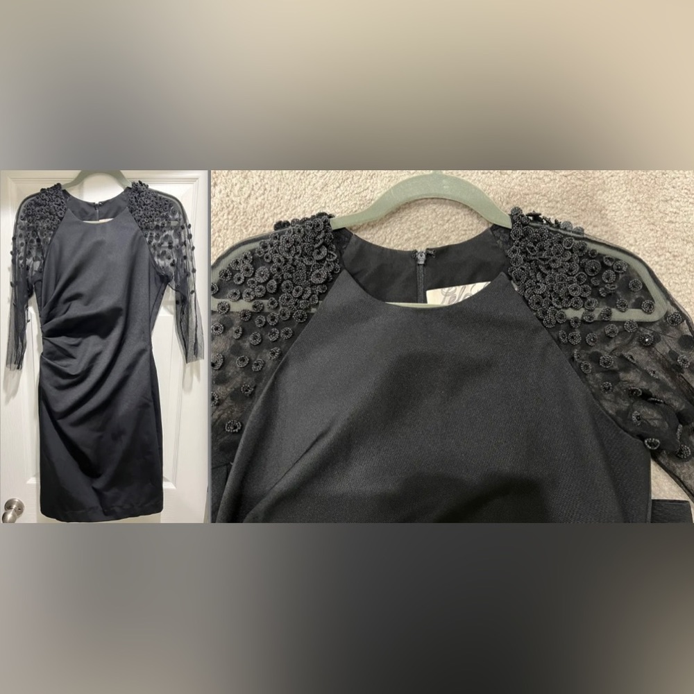 HOT Lela Rose Embellished Beaded Mesh Sleeve Ruched Sheath Black Dress $1695+! - Picture 9 of 12